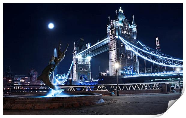 London Tower Bridge with dolphin statue Print by John Ly