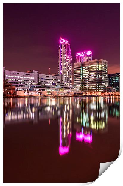 Pink lights at Canary Wharf Print by John Ly