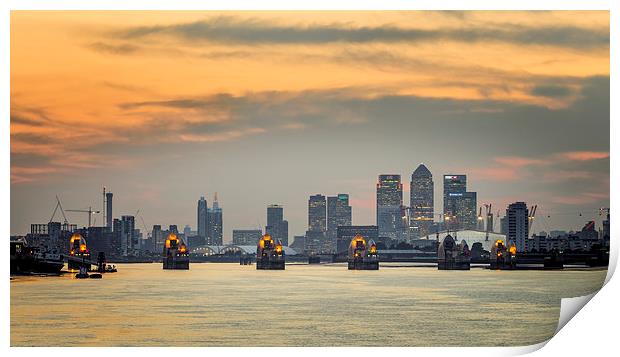  Sunset on River Thames with Canary Wharf and O2 Print by John Ly