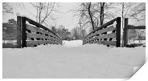 Snow covered bridge. Print by Jeffrey Evans