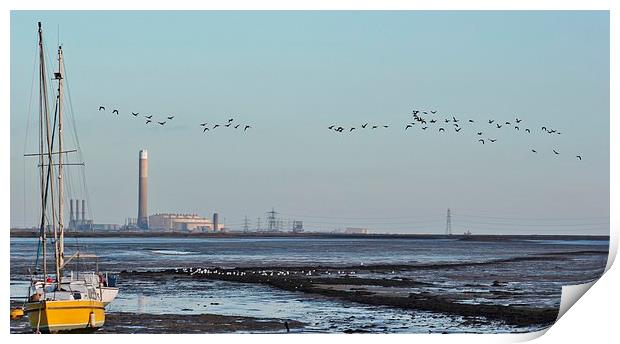 Geese Flying by power station Print by Claire Colston