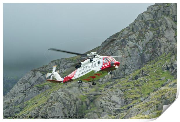 HM Coastguard Rescue Helicopter in Snowdonia Print by Keith Douglas