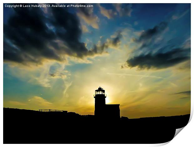 Sunset behind the lighthouse Print by Laco Hubaty