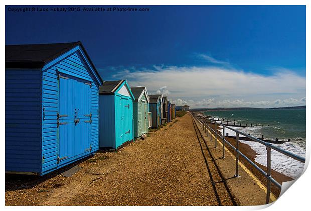 Blue beach cabins Print by Laco Hubaty