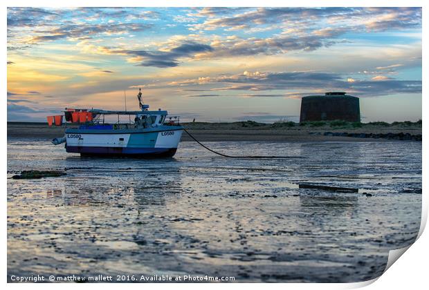 Martello Tower and Fishing Boat Sunset Print by matthew  mallett