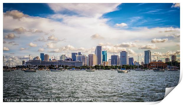 Yachts and Cruise Ship Against Miami Skyline Print by matthew  mallett