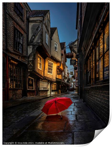 Red Umbrella On The Pavement Of The Shambles Print by Inca Kala