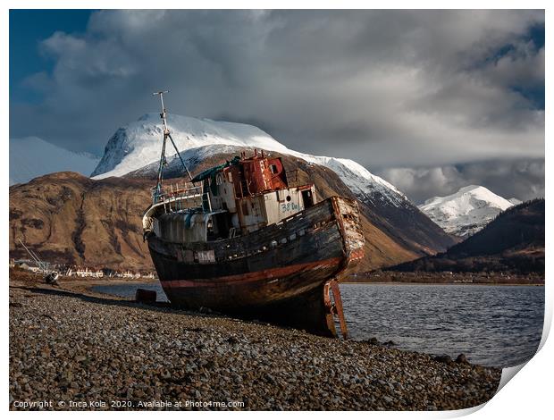 Wreckage in the shadows of Ben Nevis's snow-capped Print by Inca Kala
