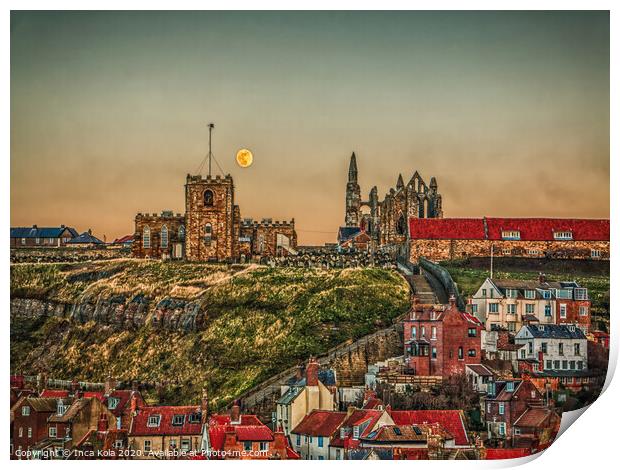 Whitby's 199 Steps to the Abbey and the Moon Print by Inca Kala
