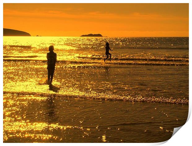Childrens seaside splash Broadhaven sunset Print by Lindsay Read