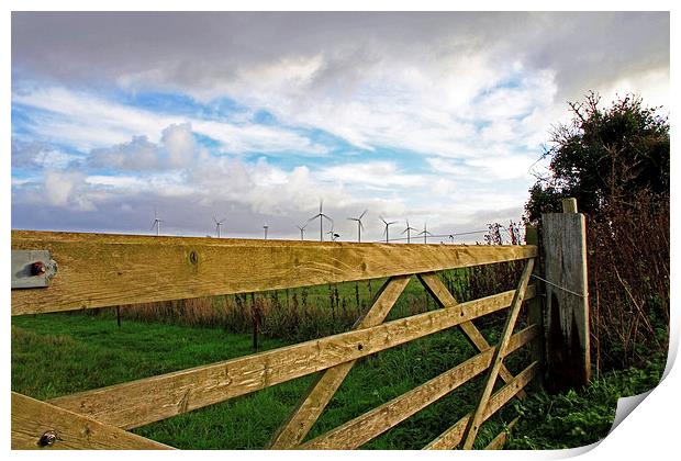 Somerton Church Gate Looking at Windturbines Print by James Taylor