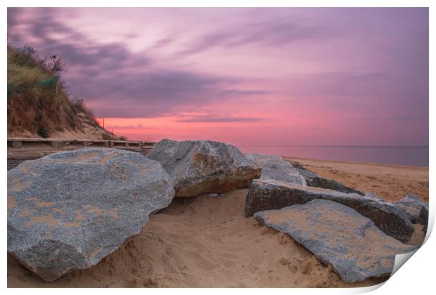  Sunset by the Rocks at Hemsby Beach Print by James Taylor