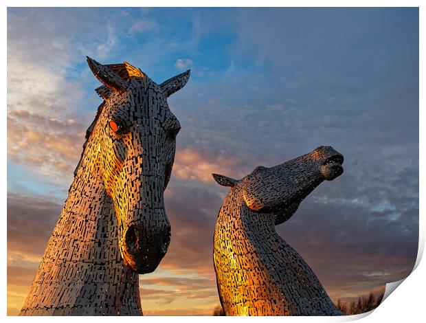 The Kelpies, Falkirk at sunset. Print by Tommy Dickson