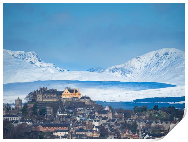 City of Stirling with snow covered Stuc a Chroin a Print by Tommy Dickson