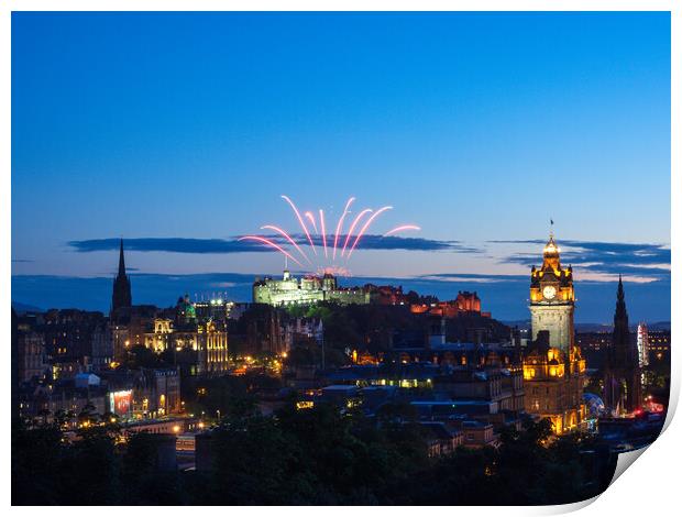 Edinburgh Festival Fireworks over the castle.  Print by Tommy Dickson