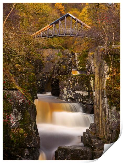 Bracklinn Falls and footbridge. Print by Tommy Dickson