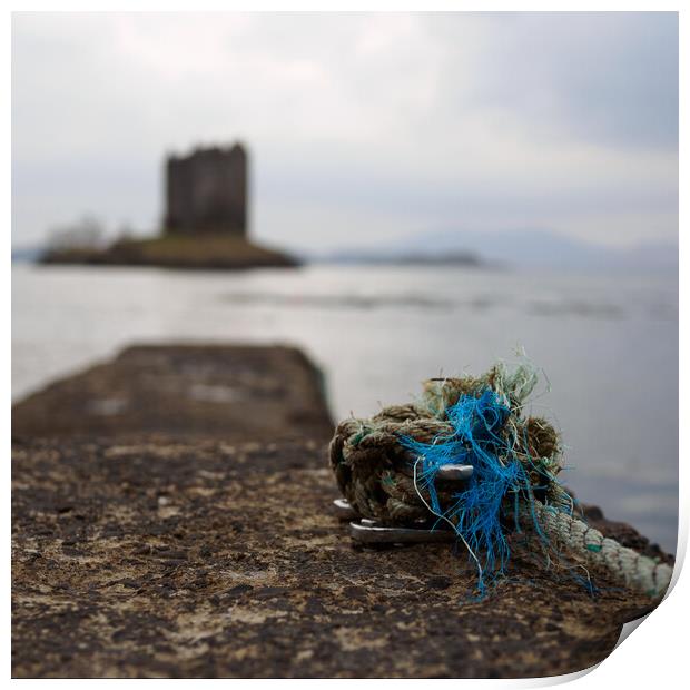 Knotted rope on jetty at Castle Stalker. Print by Tommy Dickson