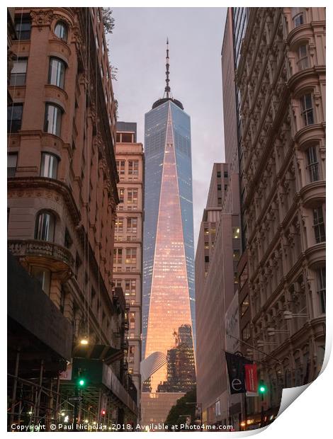 Sunrise at the One World Trade Centre, New York Print by Paul Nicholas