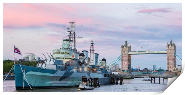 HMS Belfast and London Tower bridge at the sunset  Print by Daugirdas Racys