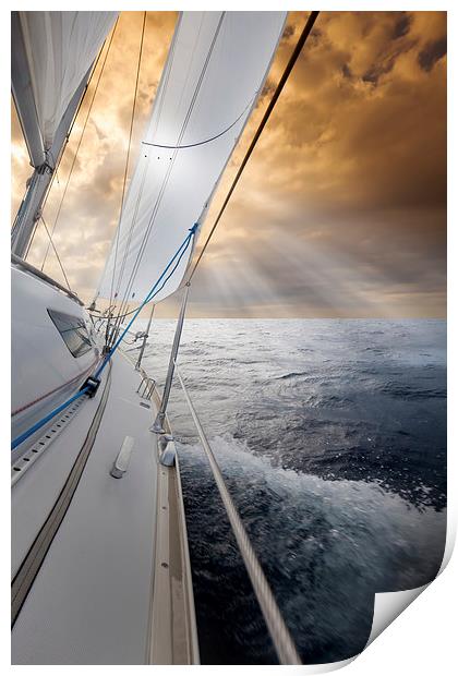 Sailing towards the sunset Print by Mike Higginson