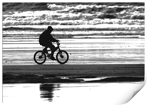 Lone Biker on Westward Ho! beach Print by Mike Gorton