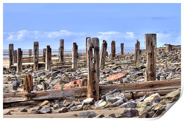 Battered Remains of Groynes along the beach Print by Mike Gorton