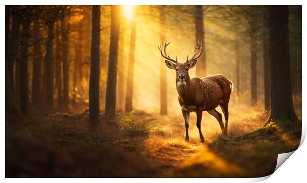 A deer standing in the woods at sunset Print by Guido Parmiggiani