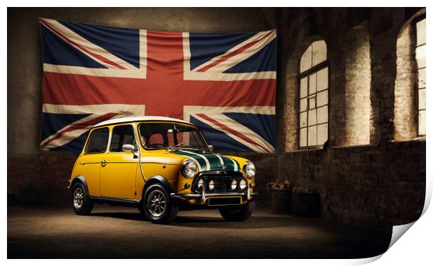 MINI COOPER S yellow and behind the English flag Print by Guido Parmiggiani