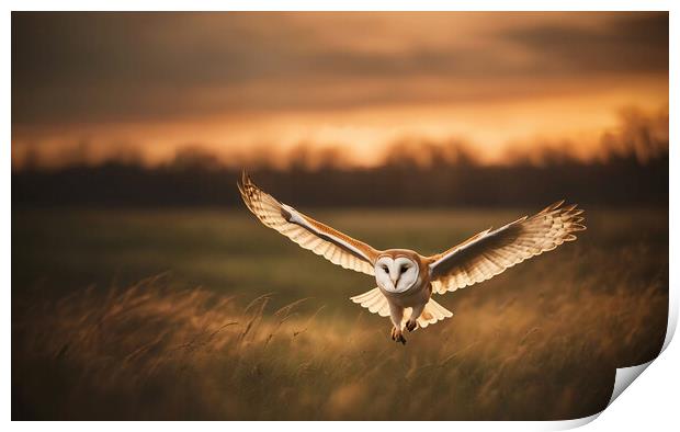 Barn Owl in flight at sunset.  Print by Guido Parmiggiani