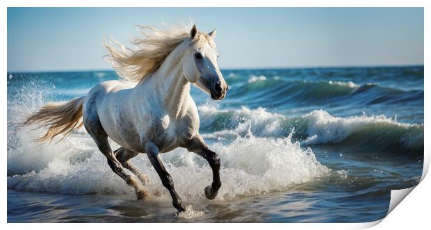 A white stallion gallops over a wave in the ocean Print by Guido Parmiggiani