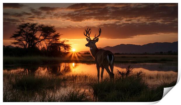 A young deer is beautifully silhouetted against the backdrop of an enchanting sunset. Print by Guido Parmiggiani