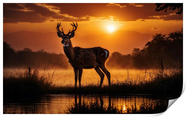 A young deer stands out beautifully against the backdrop of an enchanting sunset over the lake. Print by Guido Parmiggiani