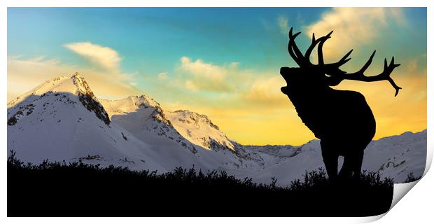 Deer with snowy mountains in the background, Print by Guido Parmiggiani