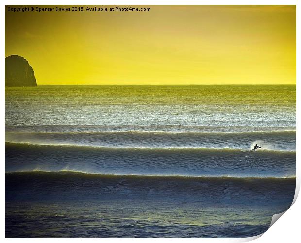  Solo surfing at a Gower beach Print by Spenser Davies