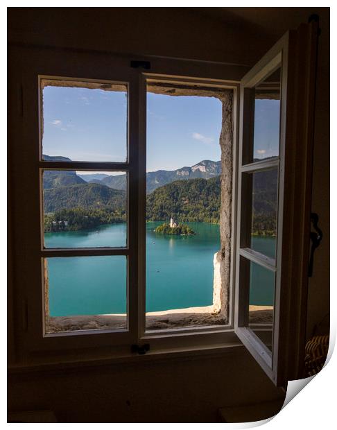 Window View - Lake Bled Print by Ceri Jones
