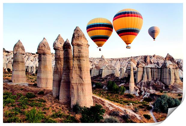 Balloons, Fairy Chimneys, Cappadocia, Turkey Print by Geoffrey Higges