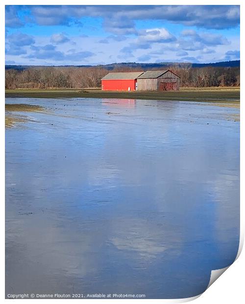 Winter wonderland Red barn and ice pond Print by Deanne Flouton