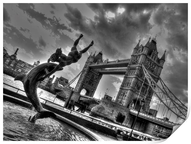 Dolphin by Tower Bridge Print by Andy Huntley