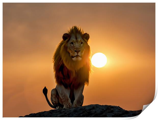 Lion at sunset or sunrise Print by Alan Tunnicliffe