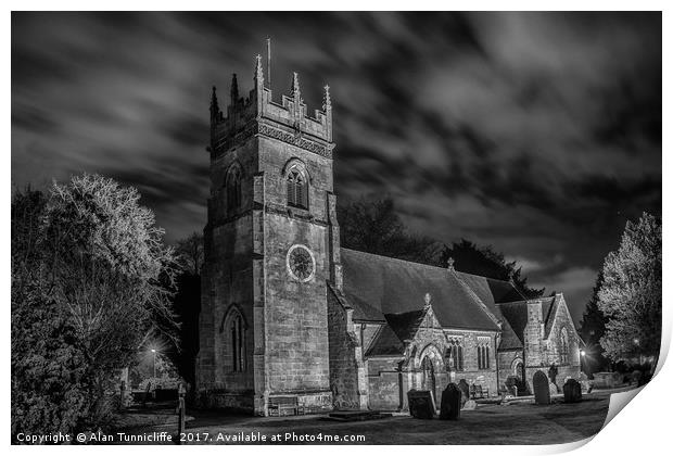 Village church at night Print by Alan Tunnicliffe