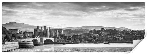 Conwy Castle and Quay - Monochrome Black and White Panoramic Landscape Seascape Print by Christine Smart