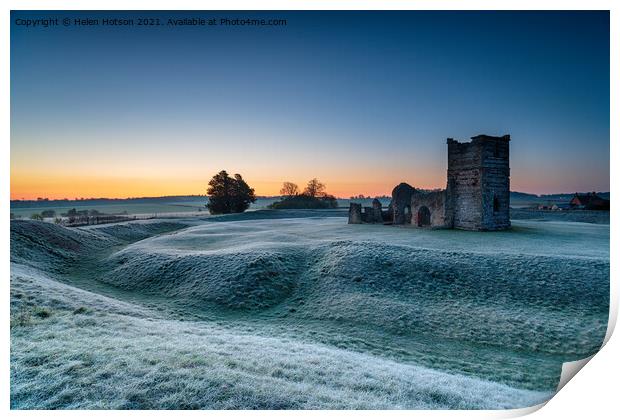A frosty dawn over the old church at Knowlton Print by Helen Hotson