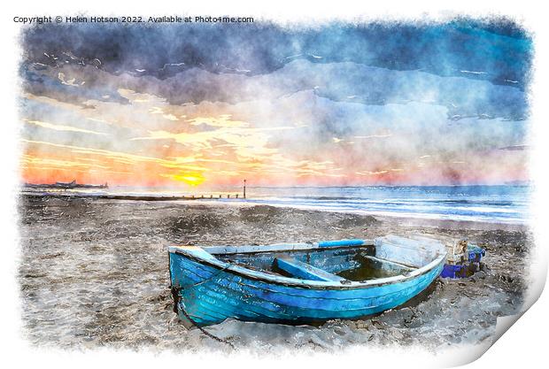 Blue Boat at Sunrise Print by Helen Hotson