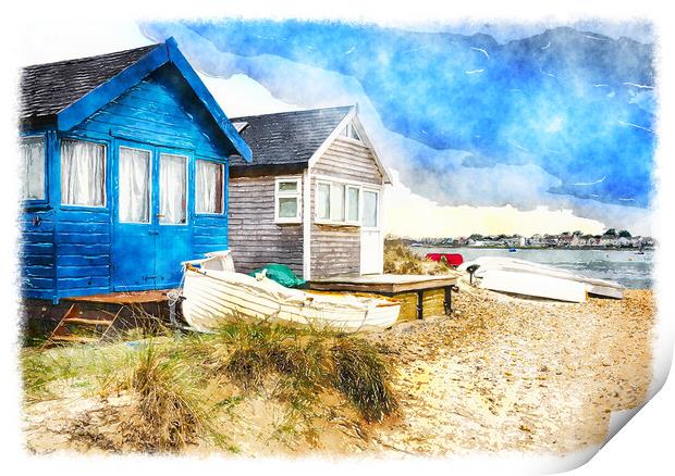 Beach Huts and Boats Print by Helen Hotson
