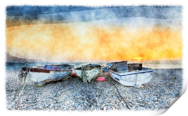 Boats on Chesil Beach Print by Helen Hotson