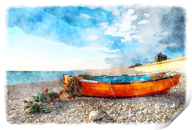 Fisning Boat on Chesil Beach Print by Helen Hotson