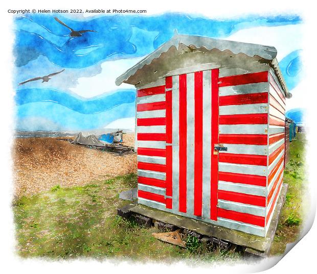 Stripey Beach Hut Painting Print by Helen Hotson