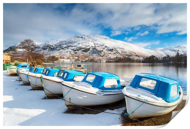 Boats on Ulswater in the Snow Print by Helen Hotson