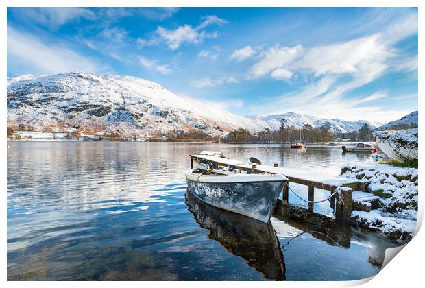 Snow at Glenriding on Ullswater Print by Helen Hotson