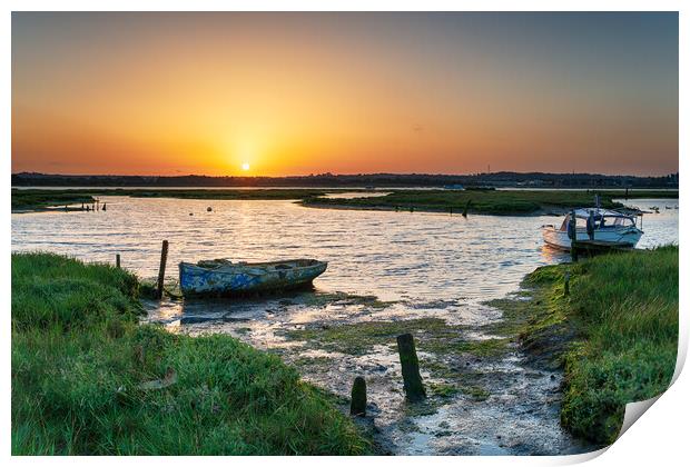 Summer sunrise over old boats on the shores of Holes Bay Print by Helen Hotson